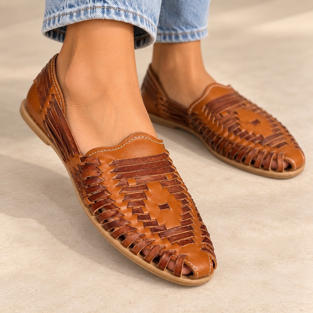 Cazar Mexican Huarache Woven Leather Sandals Brown Flats Womens 7-7.5